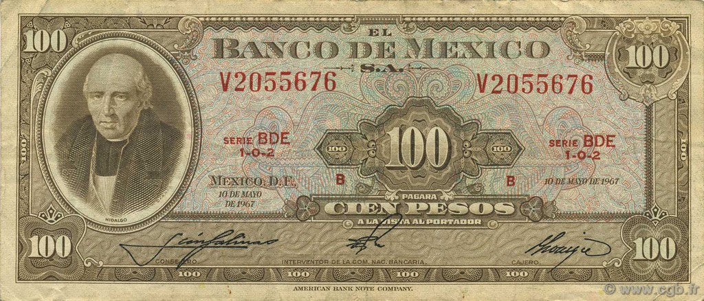 100 Pesos MEXICO  1967 P.061d q.BB