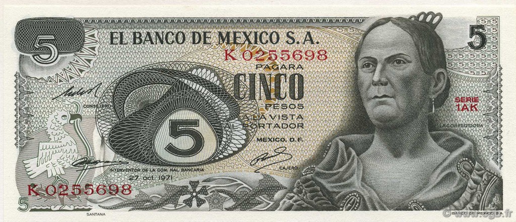 5 Pesos MEXICO  1971 P.062b SC+