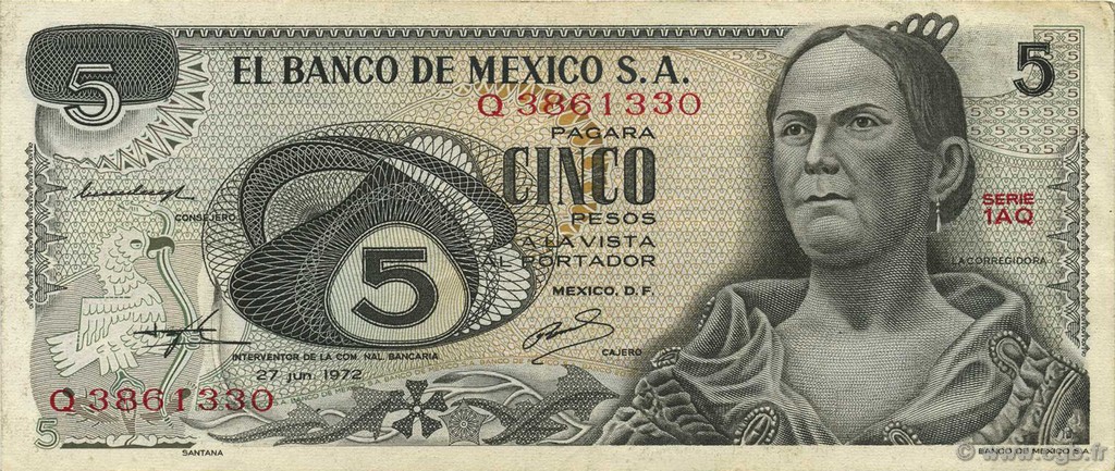 5 Pesos MEXICO  1972 P.062c MBC