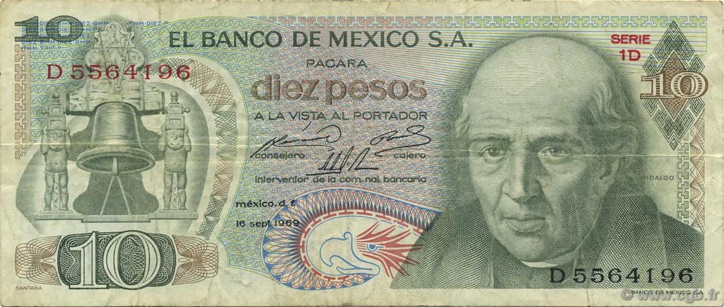 10 Pesos MEXICO  1969 P.063a MB