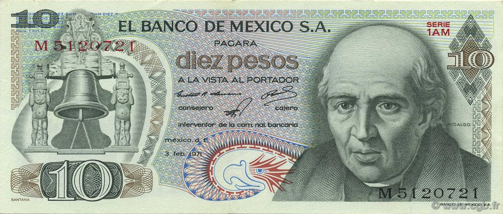 10 Pesos MEXICO  1971 P.063d EBC