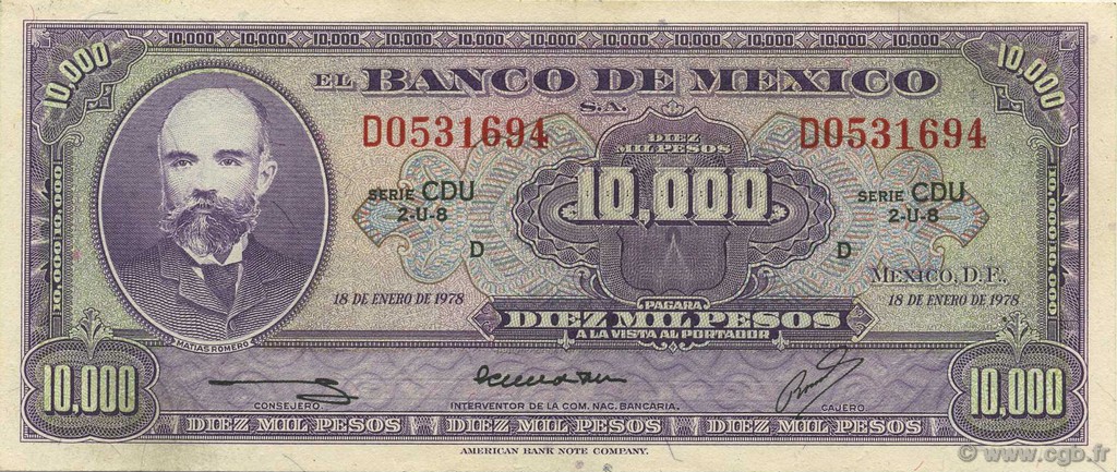 10000 Pesos MEXICO  1978 P.072 AU