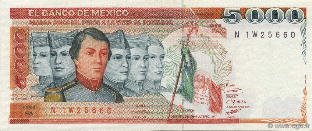 5000 Pesos MEXICO  1983 P.083b UNC