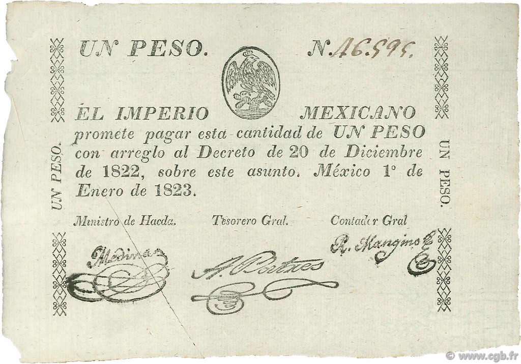 1 Peso MEXICO  1823 P.001b XF+