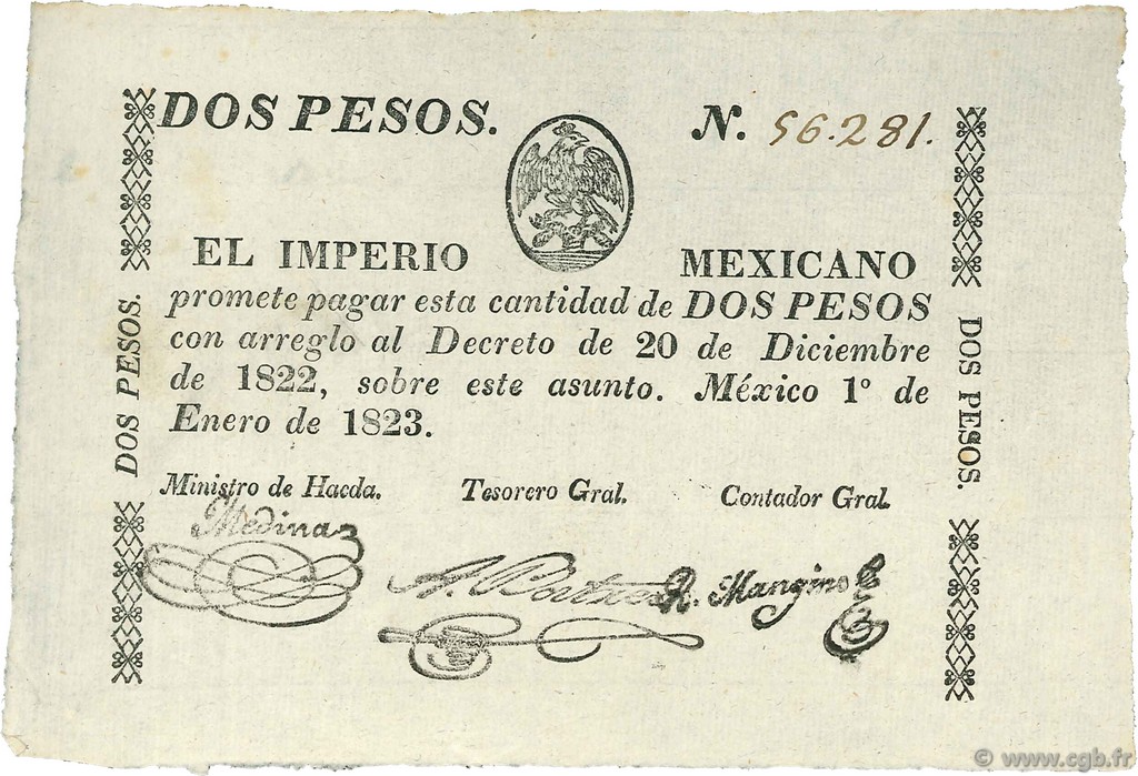 2 Pesos MEXICO  1823 P.002a MBC+