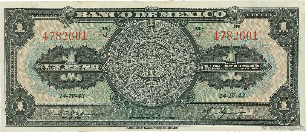 1 Peso MEXICO  1943 P.028e MBC