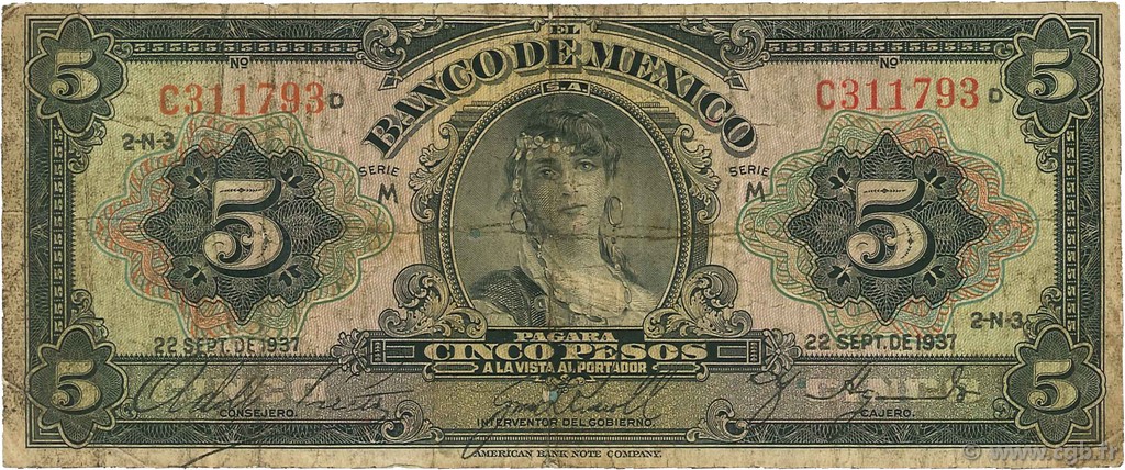 5 Pesos MEXICO  1937 P.034a SGE