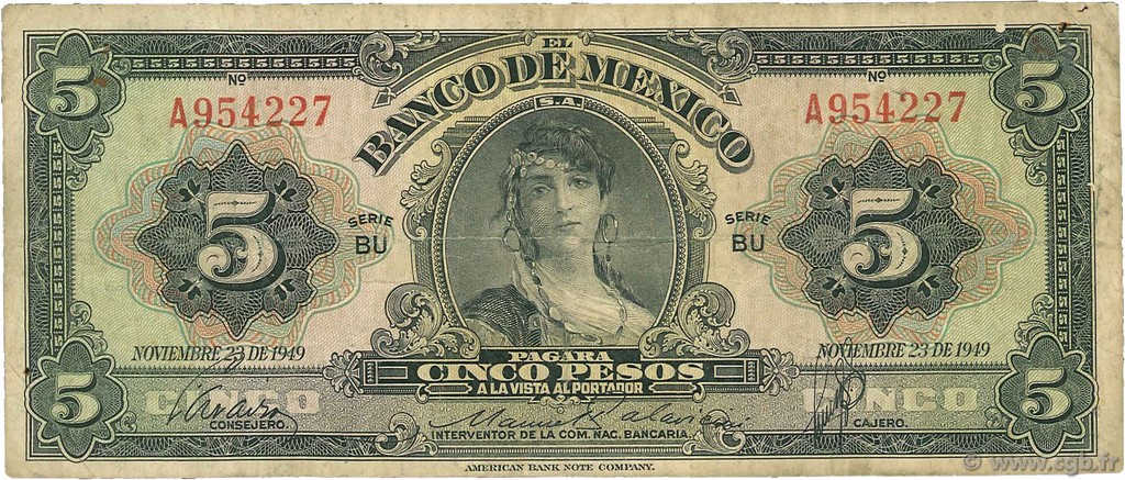 5 Pesos MEXICO  1949 P.034k F-