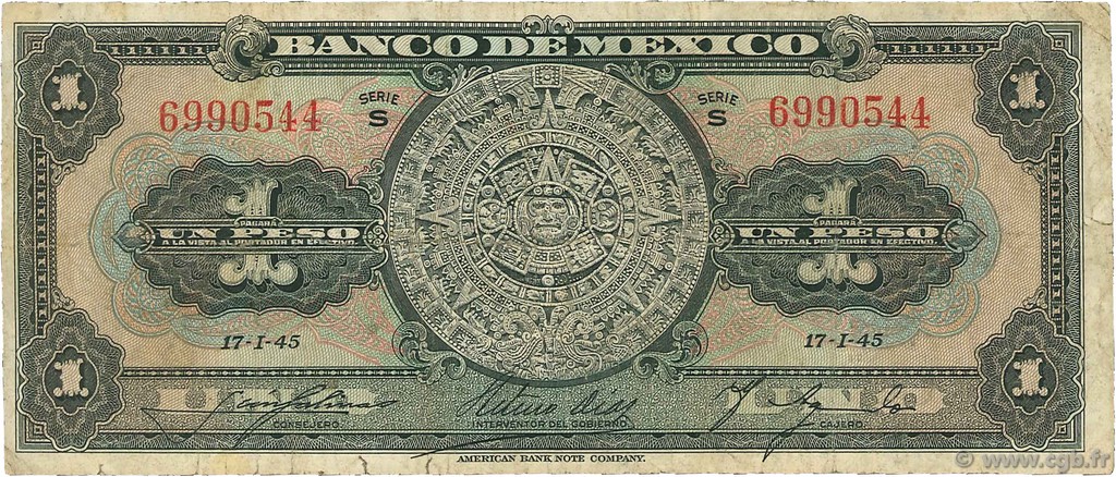 1 Peso MEXICO  1945 P.038c fS