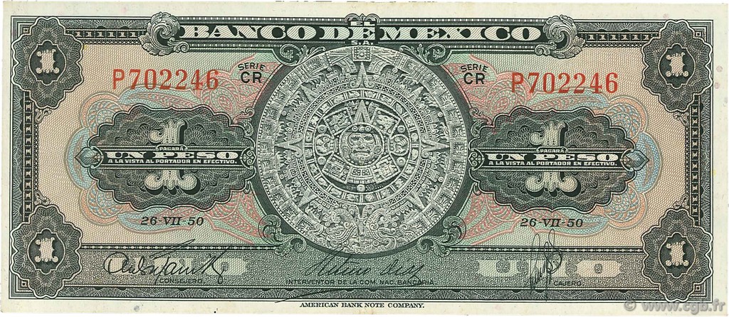 1 Peso MEXICO  1950 P.046b SPL