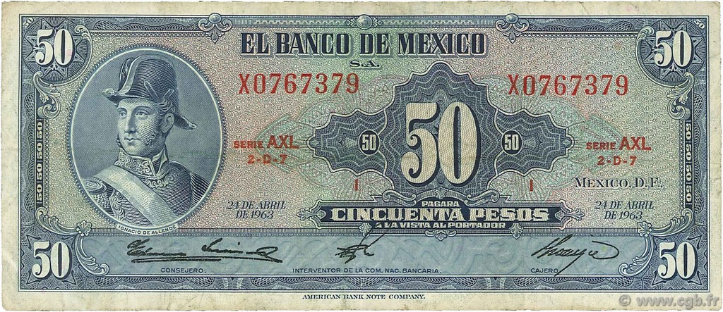 50 Pesos MEXIQUE  1963 P.049o TB