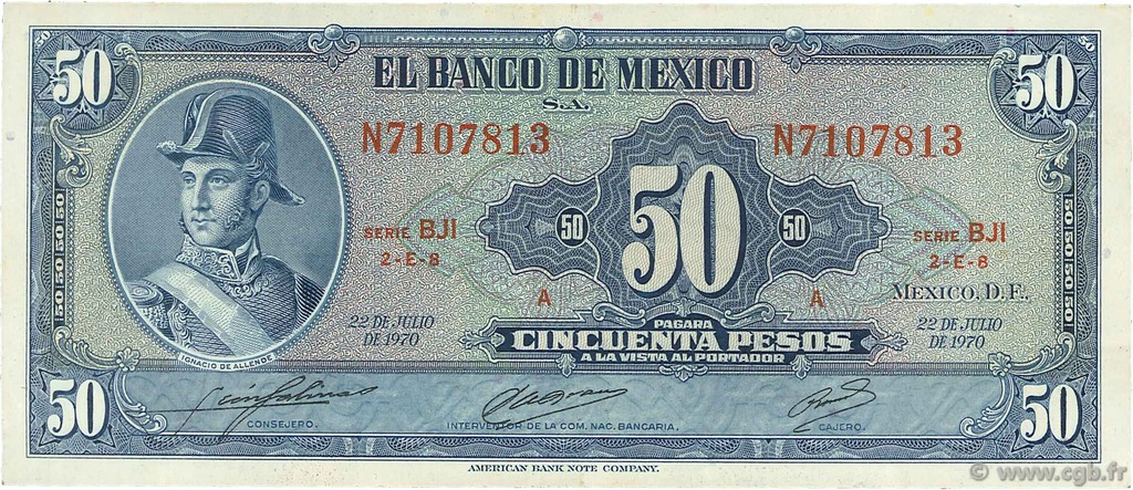 50 Pesos MEXICO  1970 P.049s EBC
