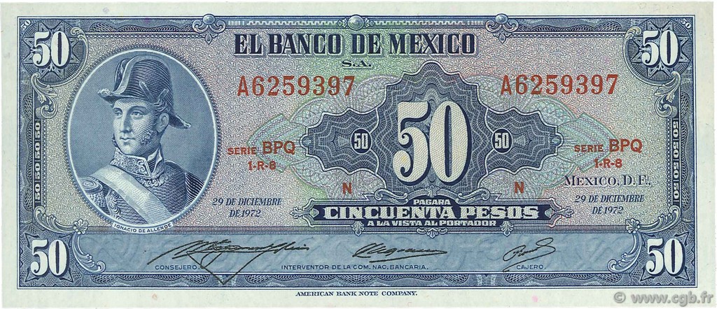50 Pesos MEXICO  1972 P.049u q.FDC