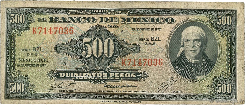 500 Pesos MEXICO  1977 P.051s SGE to S