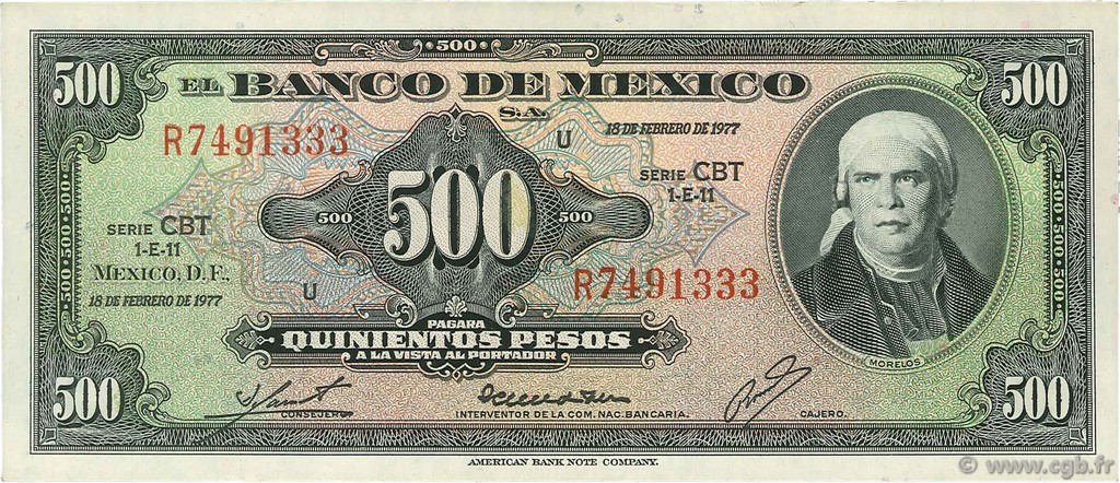 500 Pesos MEXICO  1977 P.051s MBC+