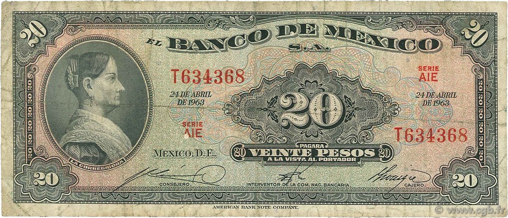 20 Pesos MEXICO  1963 P.054k VG