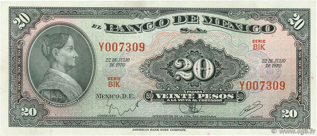 20 Pesos MEXICO  1970 P.054p XF+
