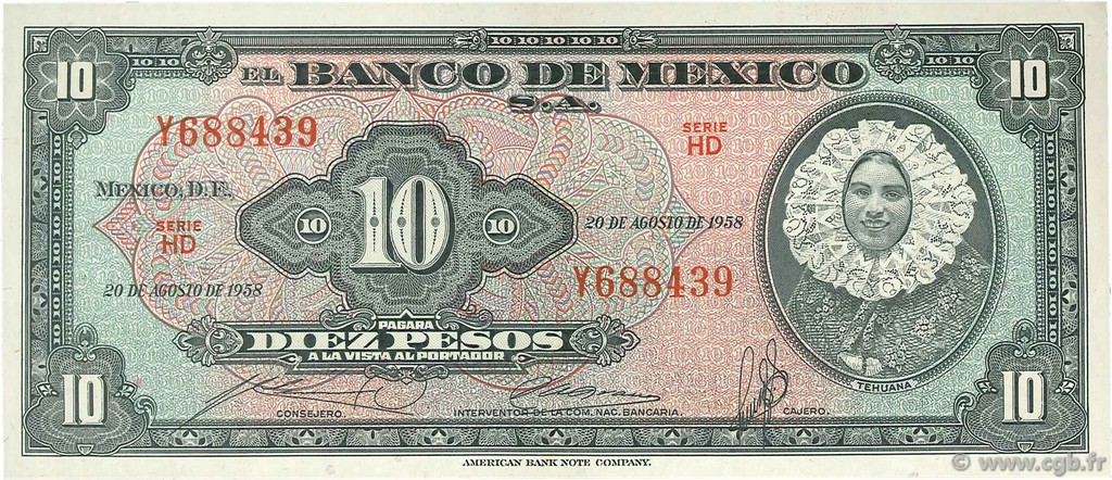 10 Pesos MEXICO  1958 P.058e AU