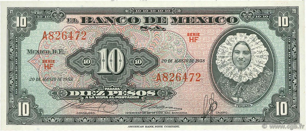 10 Pesos MEXICO  1958 P.058e fST+