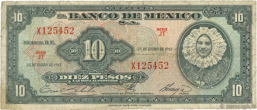 10 Pesos MEXICO  1961 P.058h VG