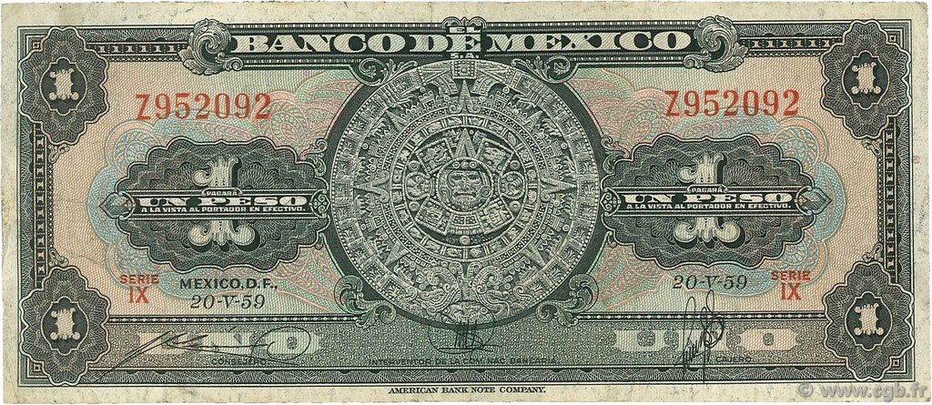 1 Peso MEXICO  1959 P.059f RC+