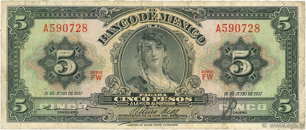5 Pesos MEXICO  1957 P.060a S