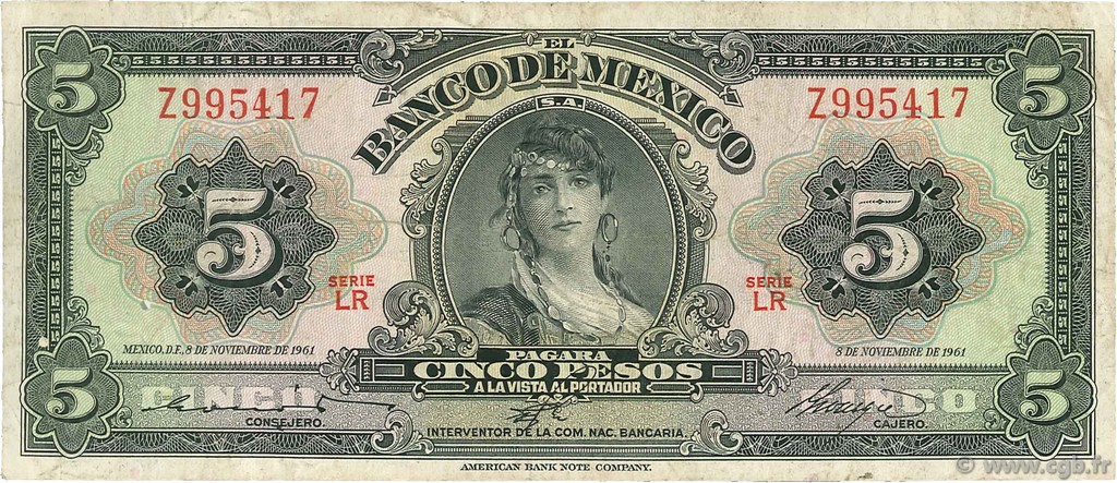 5 Pesos MEXICO  1961 P.060g MB