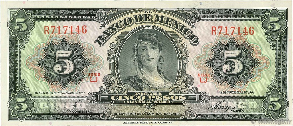 5 Pesos MEXICO  1961 P.060g MBC a EBC