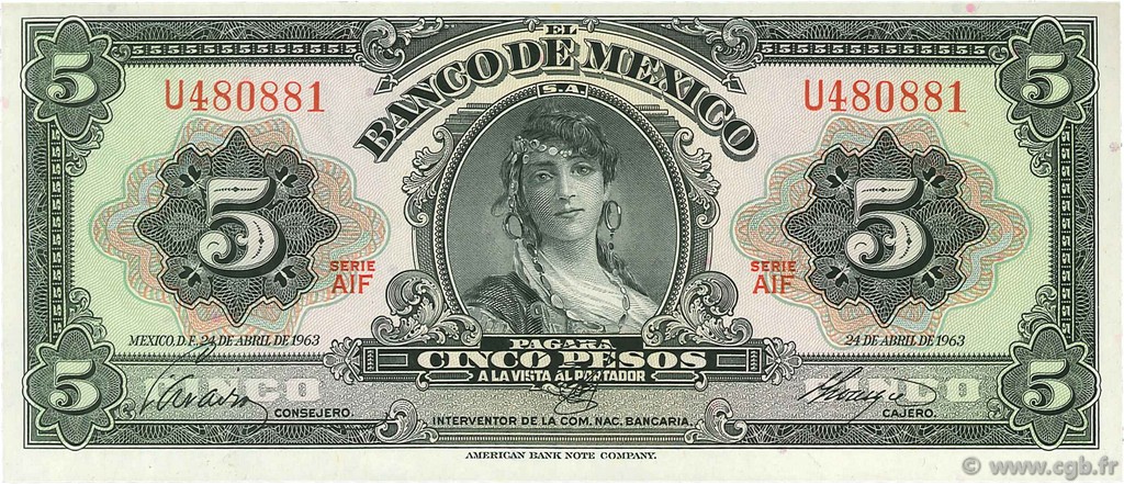 Mexico 5 Peso Gypsy Woman/p60h Series AIR UNC 24.4.1963 