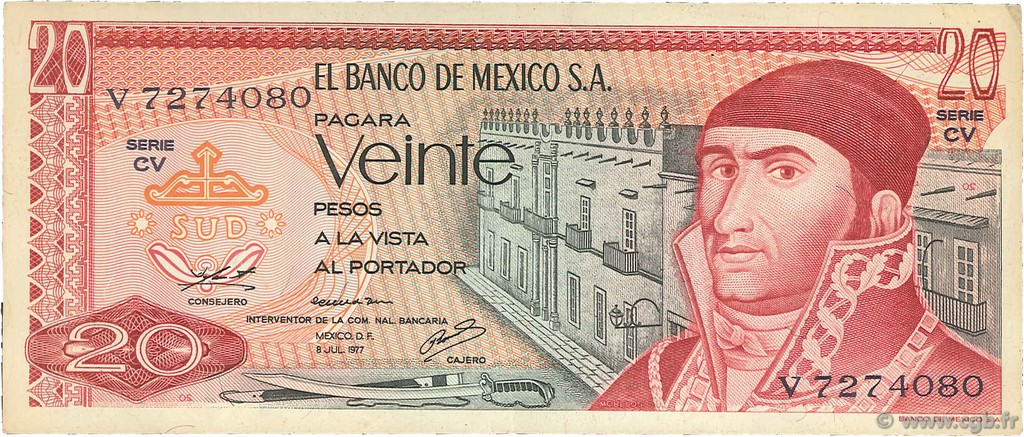 20 Pesos MEXICO  1977 P.064d F+