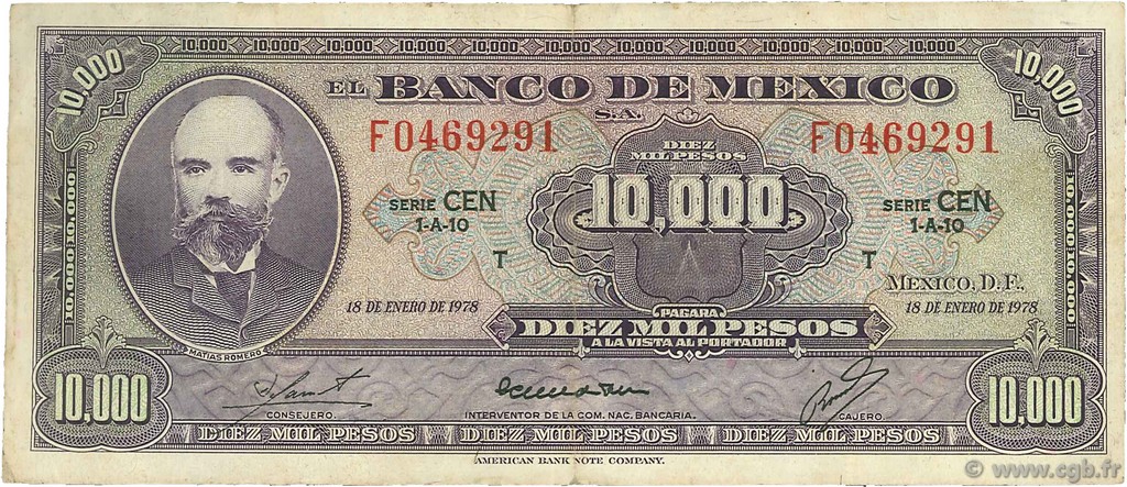 10000 Pesos MEXICO  1978 P.072 BC+