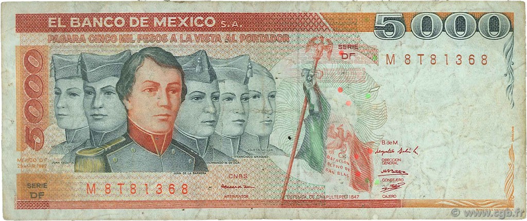 5000 Pesos MEXICO  1982 P.077b MB