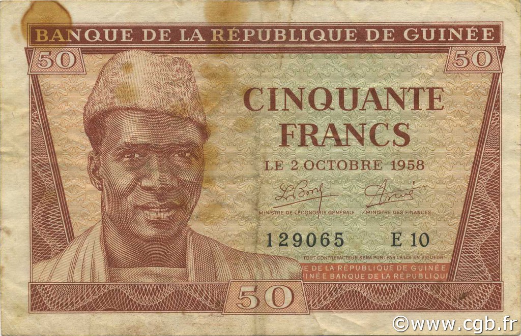 50 Francs GUINEA  1958 P.06 BC a MBC