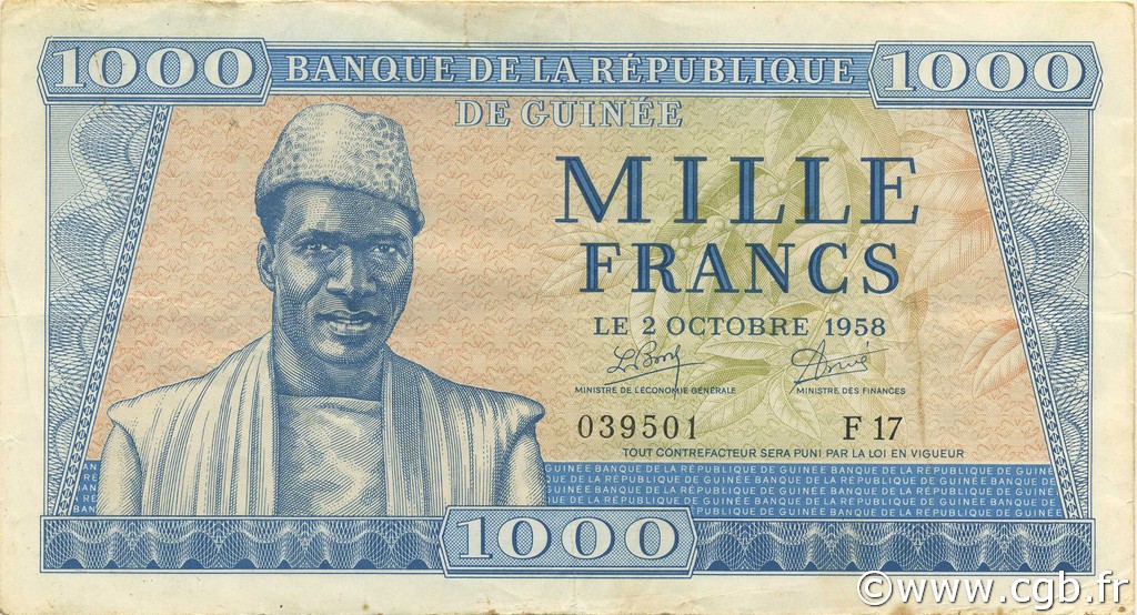 1000 Francs GUINEA  1958 P.09 VF