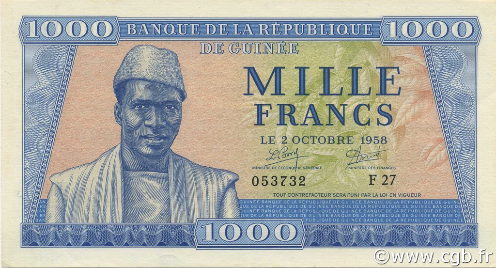 1000 Francs GUINEA  1958 P.09 fST