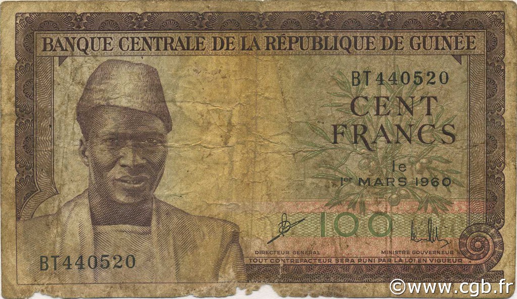 100 Francs GUINEA  1960 P.13a q.B