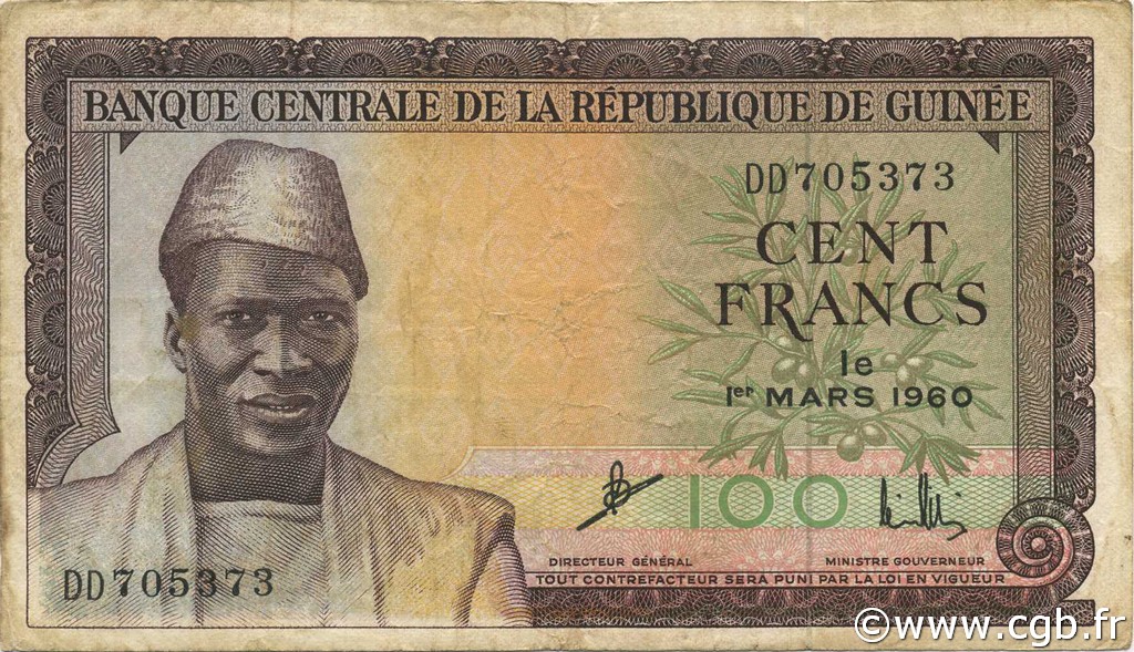 100 Francs GUINEA  1960 P.13a q.BB