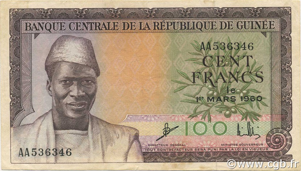 100 Francs GUINEA  1960 P.13a VF+