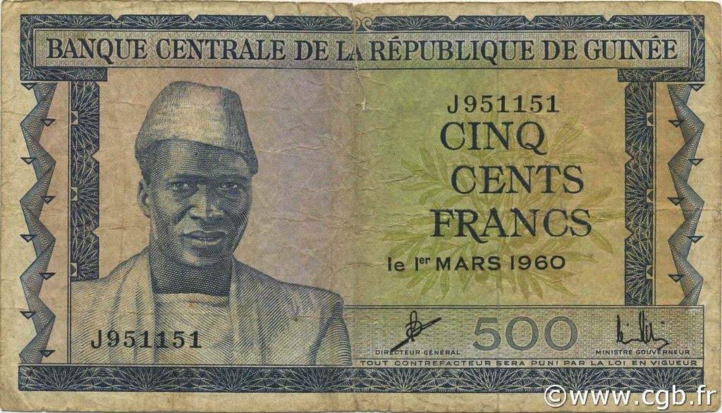 500 Francs GUINEA  1960 P.14a RC+