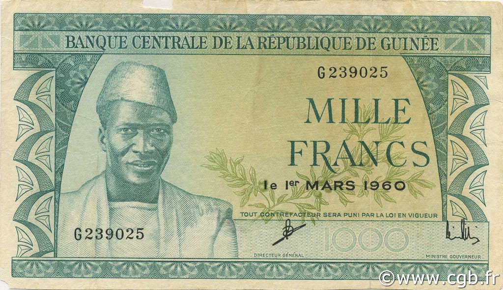 1000 Francs GUINEA  1960 P.15a BC+