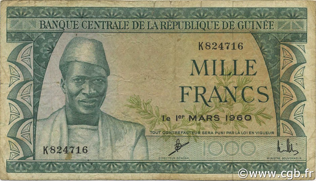 1000 Francs GUINEA  1960 P.15a q.BB