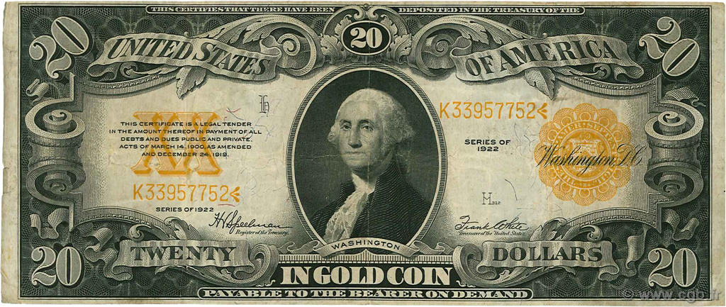 20 Dollars ÉTATS-UNIS D AMÉRIQUE  1922 P.275 pr.TTB