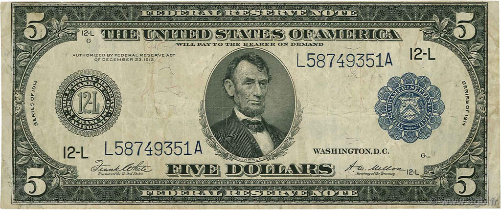 5 Dollars STATI UNITI D AMERICA  1914 P.359b BB