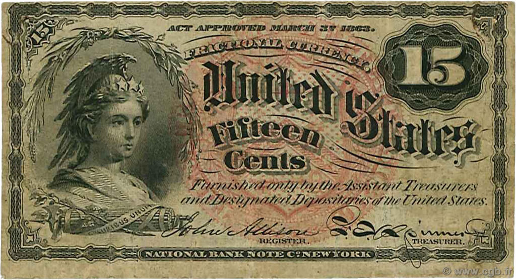 15 Cents ÉTATS-UNIS D AMÉRIQUE  1863 P.116c TTB