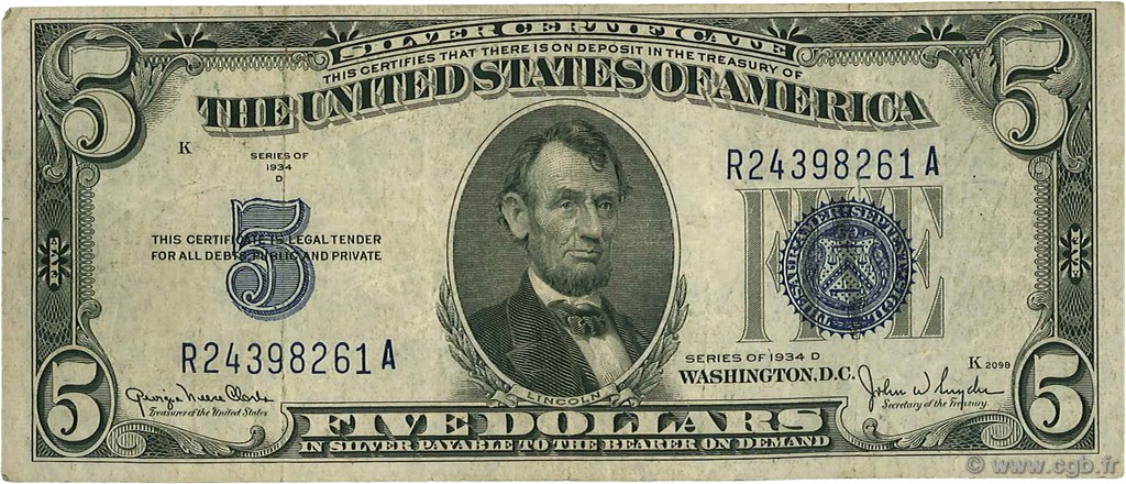 5 Dollars STATI UNITI D AMERICA  1934 P.414Ad MB