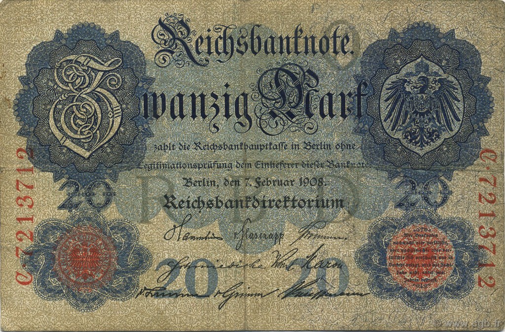 20 Mark GERMANY  1908 P.031 F+