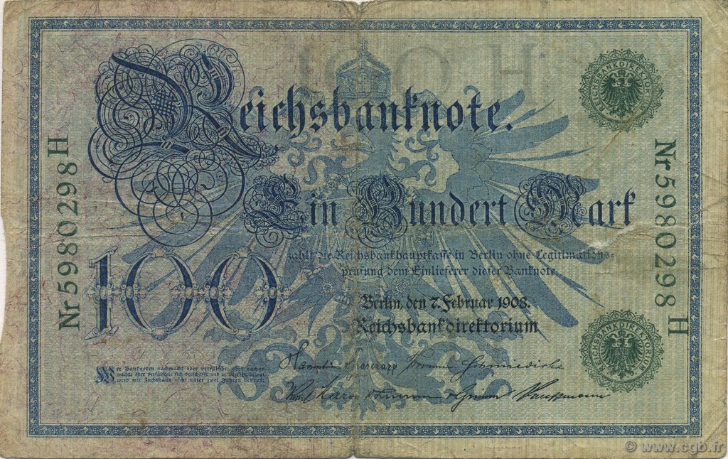 100 Mark GERMANY  1908 P.034 G