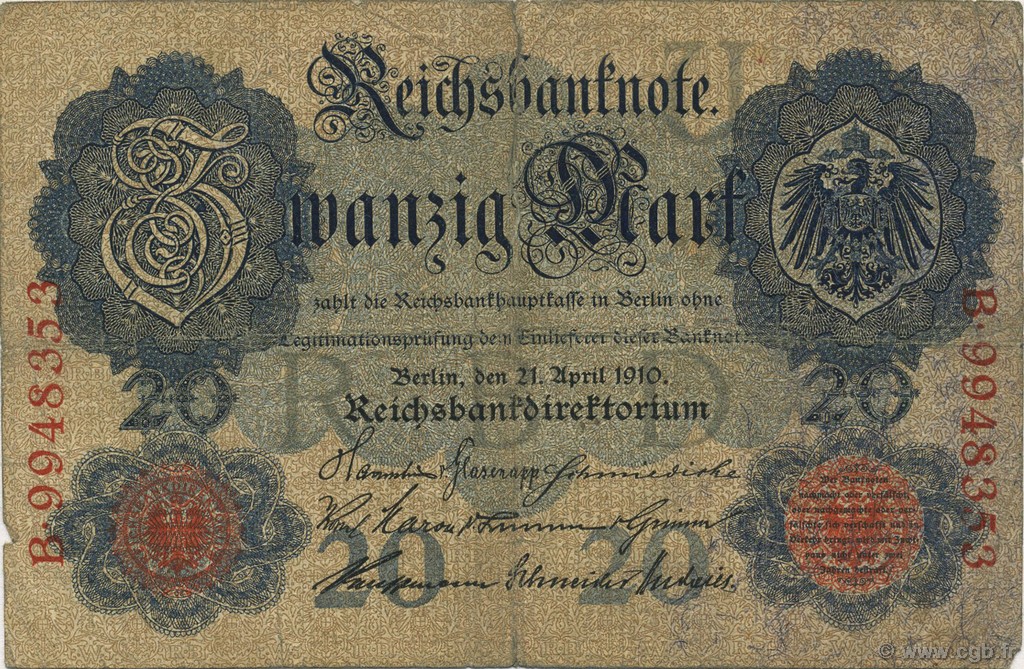 20 Mark GERMANY  1910 P.040b G