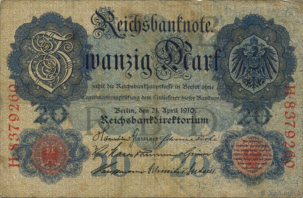 20 Mark GERMANY  1910 P.040b F