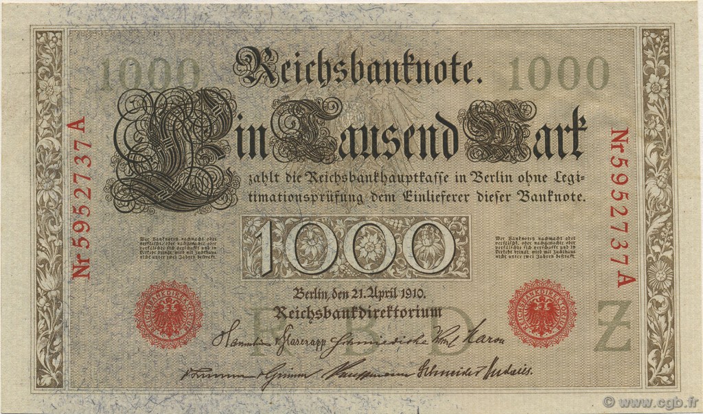 1000 Mark GERMANY  1910 P.044b AU